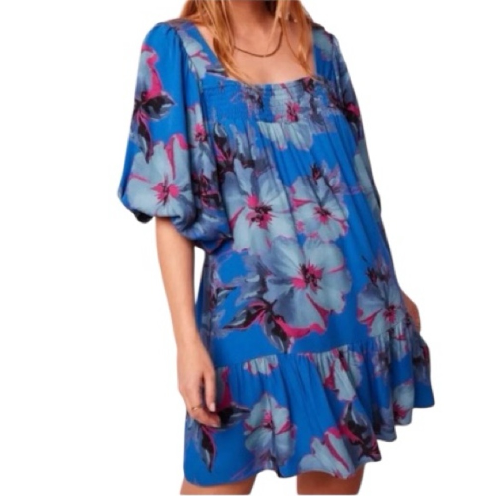 Band Of The Free Soria Lapis Blue Floral Smocked Tie Back Boho Mini Dress